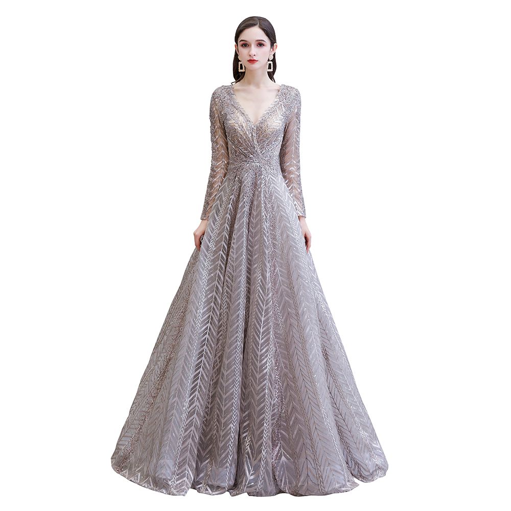 Vestido de fiesta de princesa con escote en V y mangas largas modestas y lentejuelas