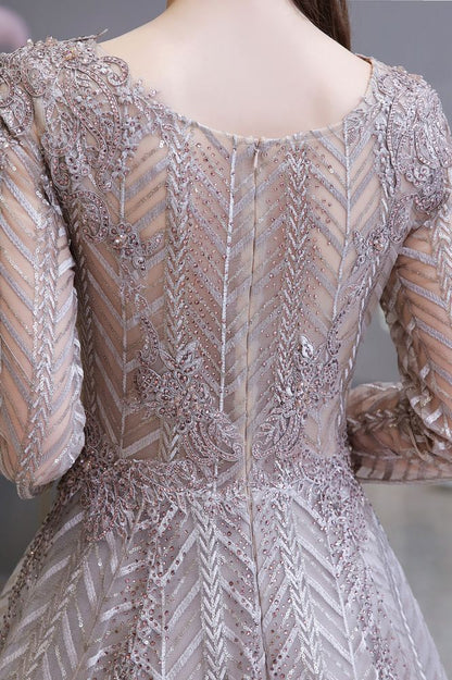 Vestido de fiesta de princesa con escote en V y mangas largas modestas y lentejuelas