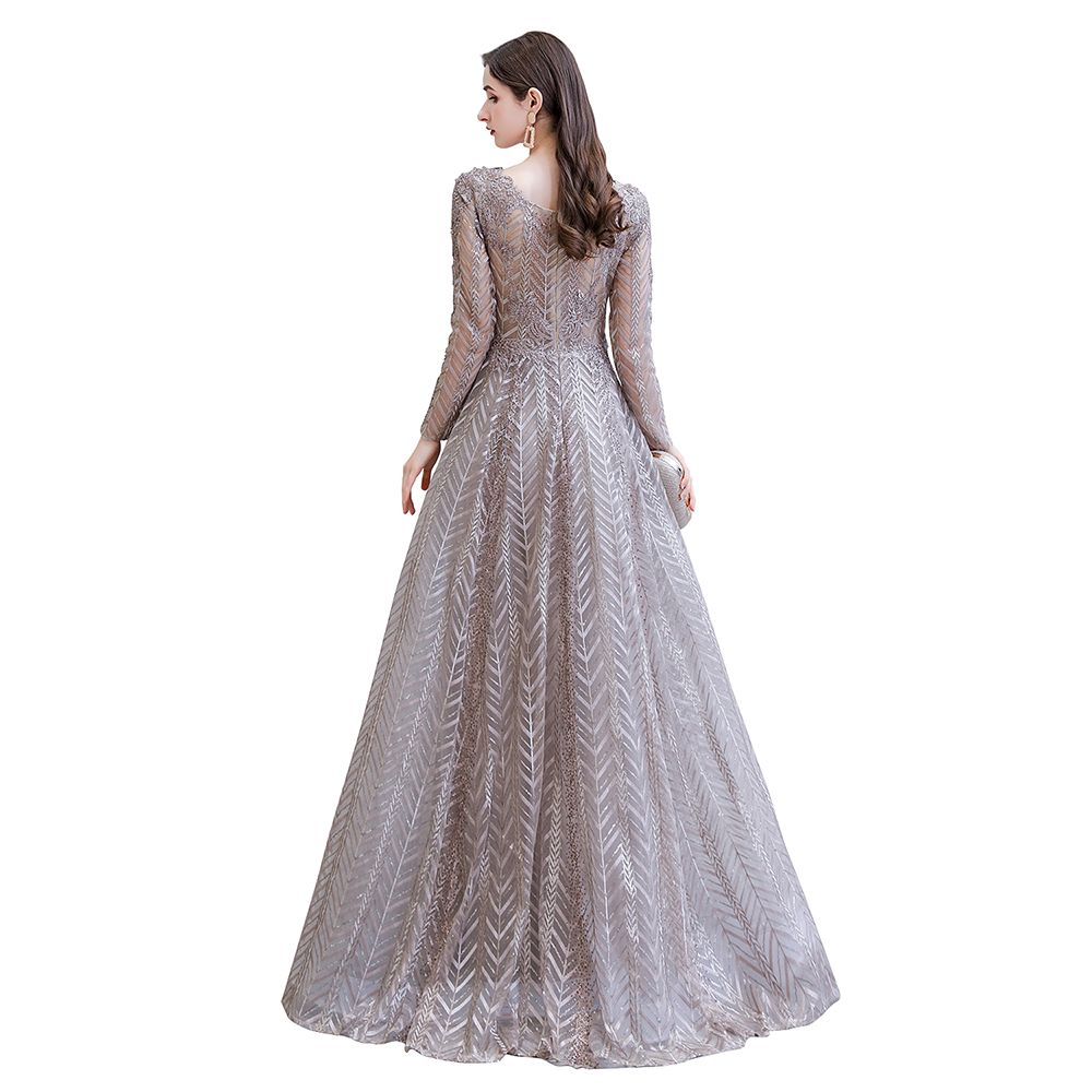 Vestido de fiesta de princesa con escote en V y mangas largas modestas y lentejuelas
