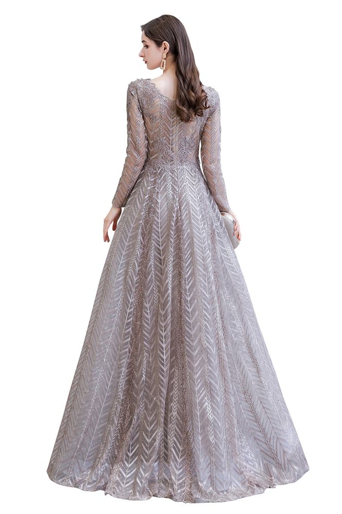 Vestido de fiesta de princesa con escote en V y mangas largas modestas y lentejuelas