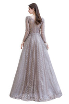 Vestido de fiesta de princesa con escote en V y mangas largas modestas y lentejuelas