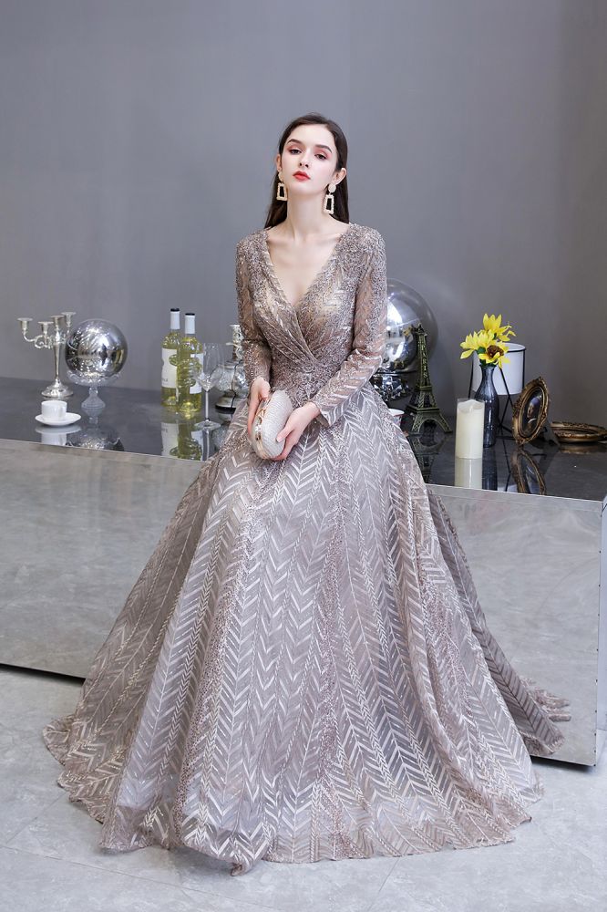 Vestido de fiesta de princesa con escote en V y mangas largas modestas y lentejuelas