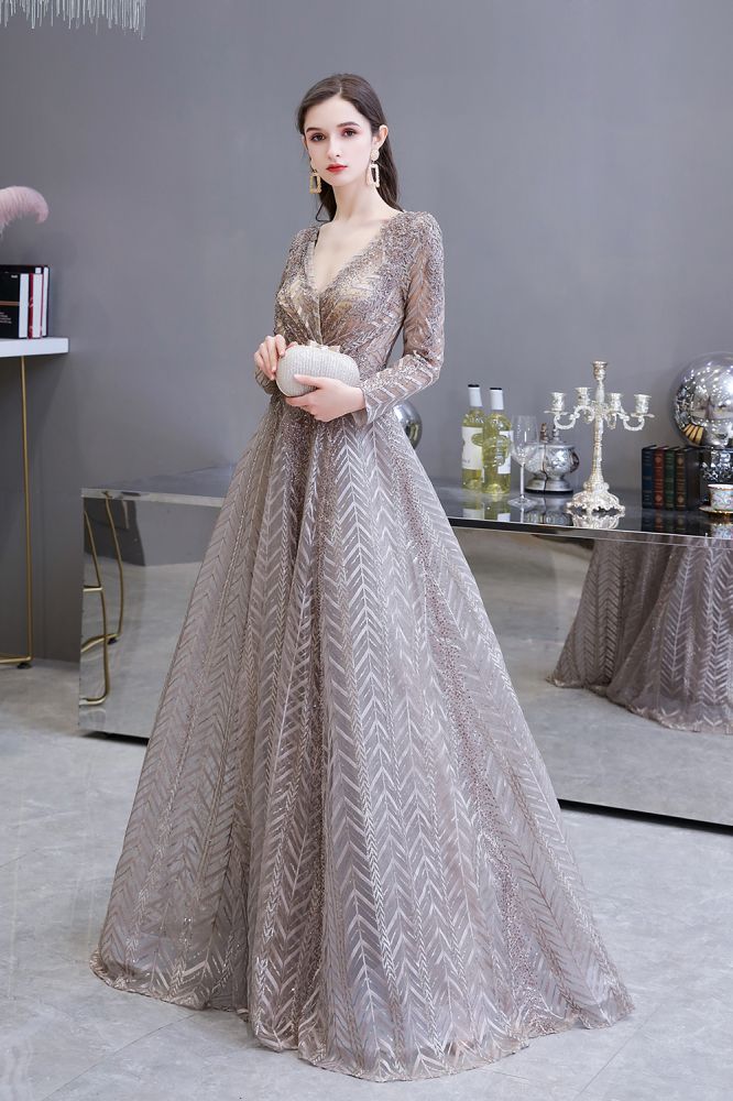 Vestido de fiesta de princesa con escote en V y mangas largas modestas y lentejuelas