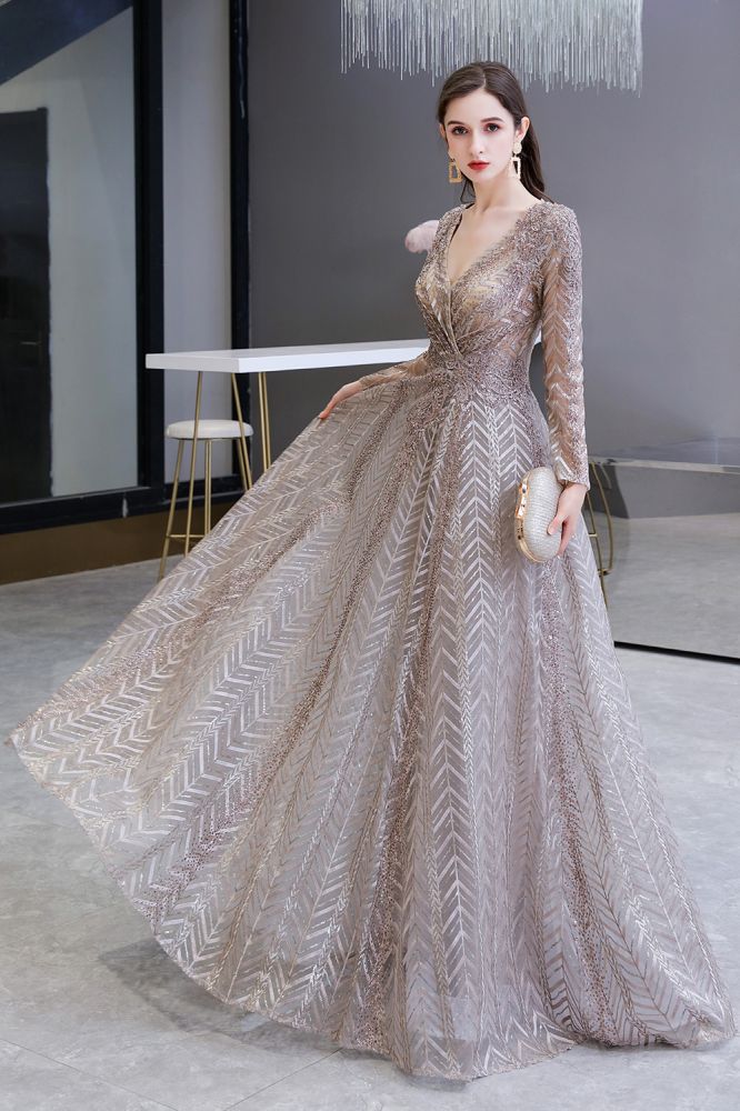 Vestido de fiesta de princesa con escote en V y mangas largas modestas y lentejuelas