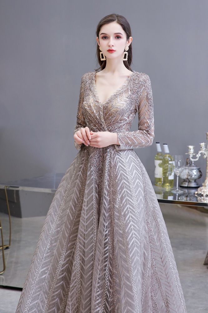Vestido de fiesta de princesa con escote en V y mangas largas modestas y lentejuelas
