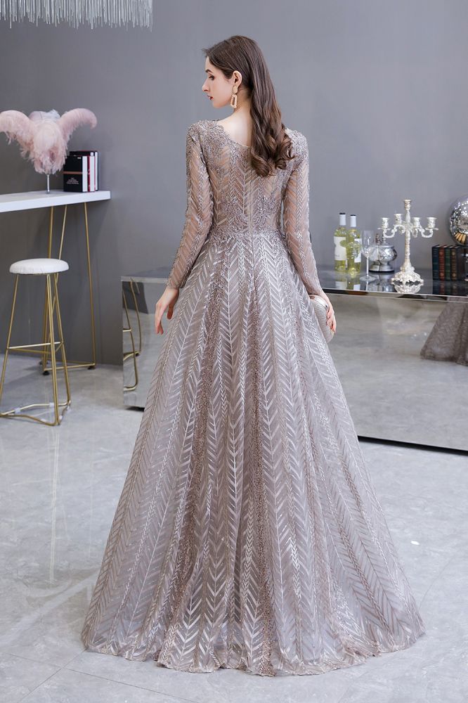Vestido de fiesta de princesa con escote en V y mangas largas modestas y lentejuelas