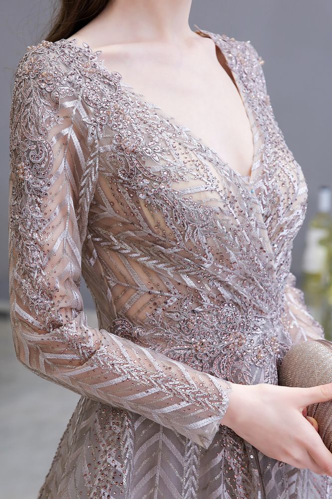 Vestido de fiesta de princesa con escote en V y mangas largas modestas y lentejuelas