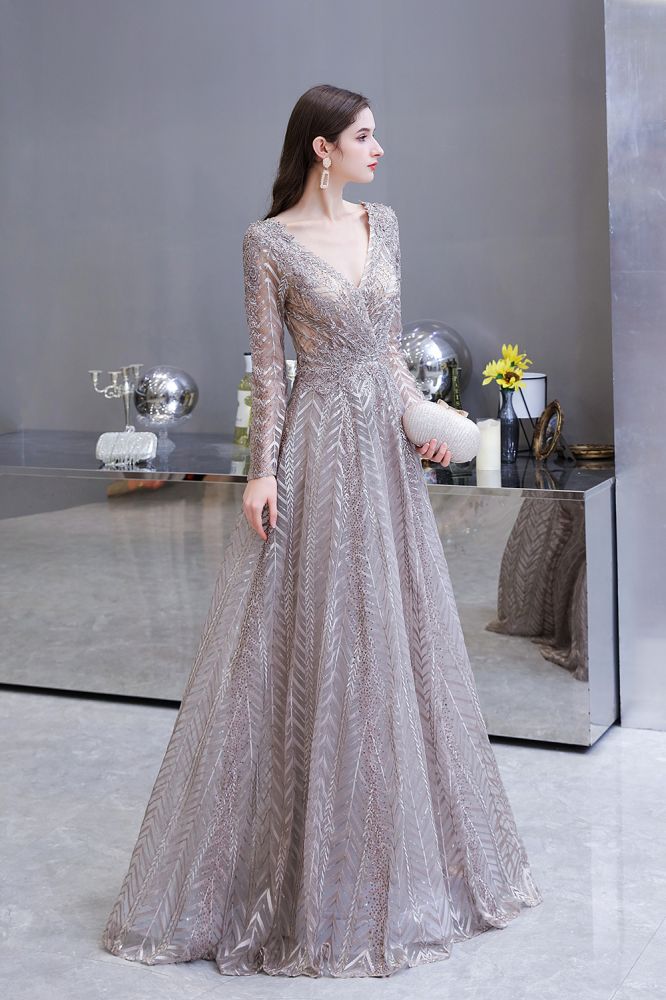 Vestido de fiesta de princesa con escote en V y mangas largas modestas y lentejuelas