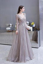 Vestido de fiesta de princesa con escote en V y mangas largas modestas y lentejuelas