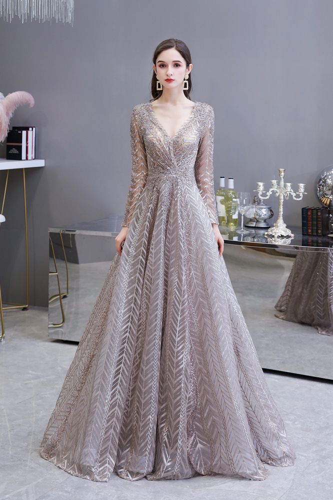Vestido de fiesta de princesa con escote en V y mangas largas modestas y lentejuelas