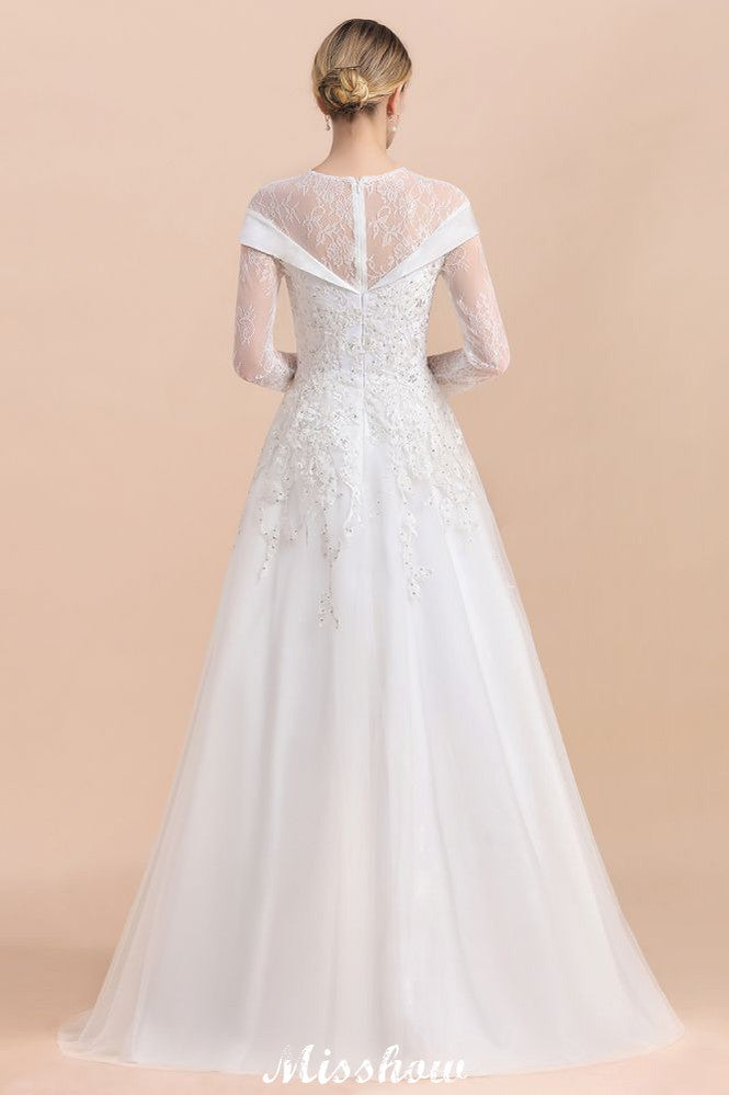 Modest White Beaded Appliques Wedding Dress Long Sleeve Floor Length Ball Gown