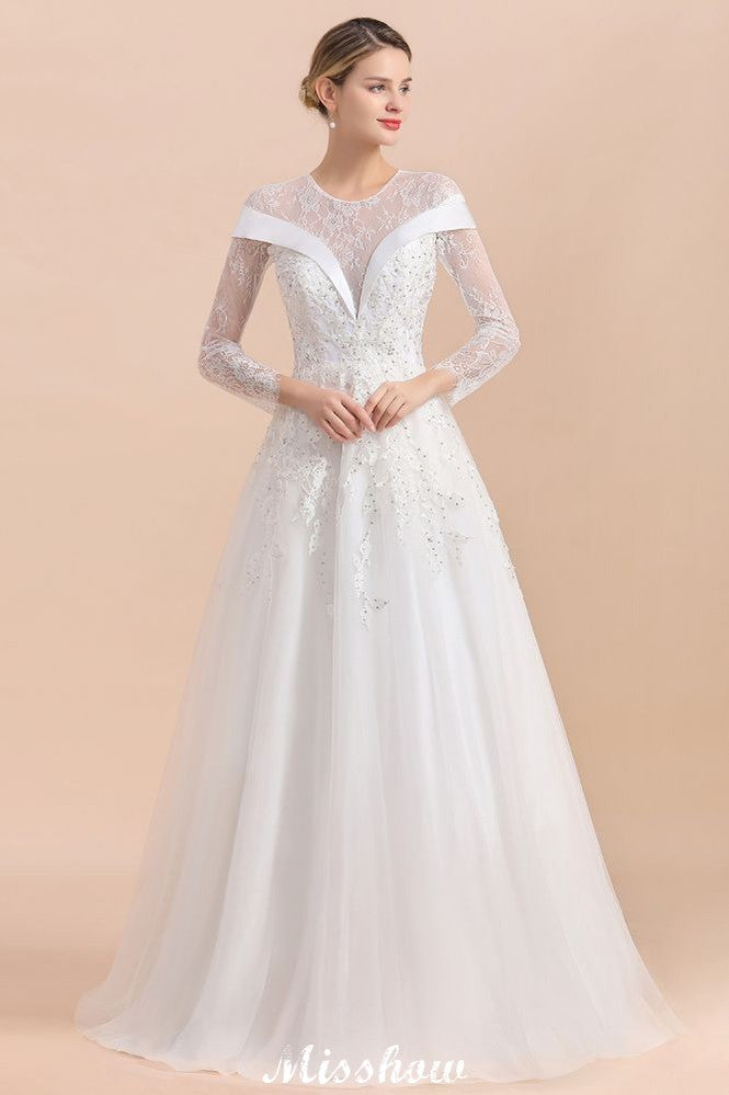 Modest White Beaded Appliques Wedding Dress Long Sleeve Floor Length Ball Gown