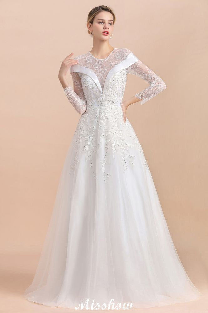Modest White Beaded Appliques Wedding Dress Long Sleeve Floor Length Ball Gown