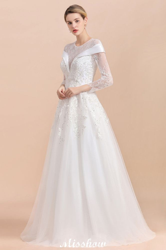 Modest White Beaded Appliques Wedding Dress Long Sleeve Floor Length Ball Gown