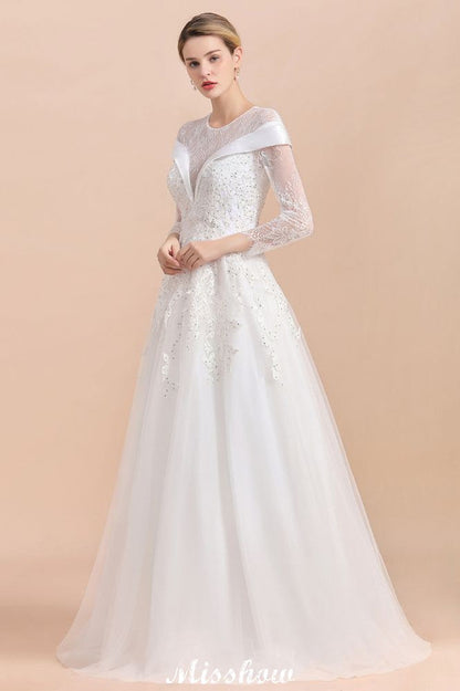 Modest White Beaded Appliques Wedding Dress Long Sleeve Floor Length Ball Gown