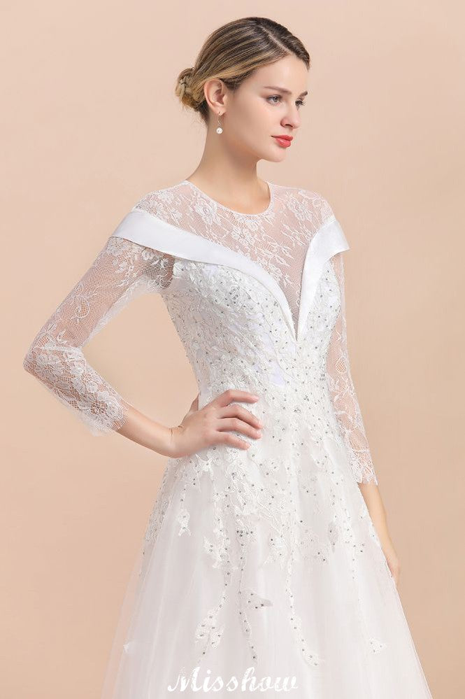 Modest White Beaded Appliques Wedding Dress Long Sleeve Floor Length Ball Gown