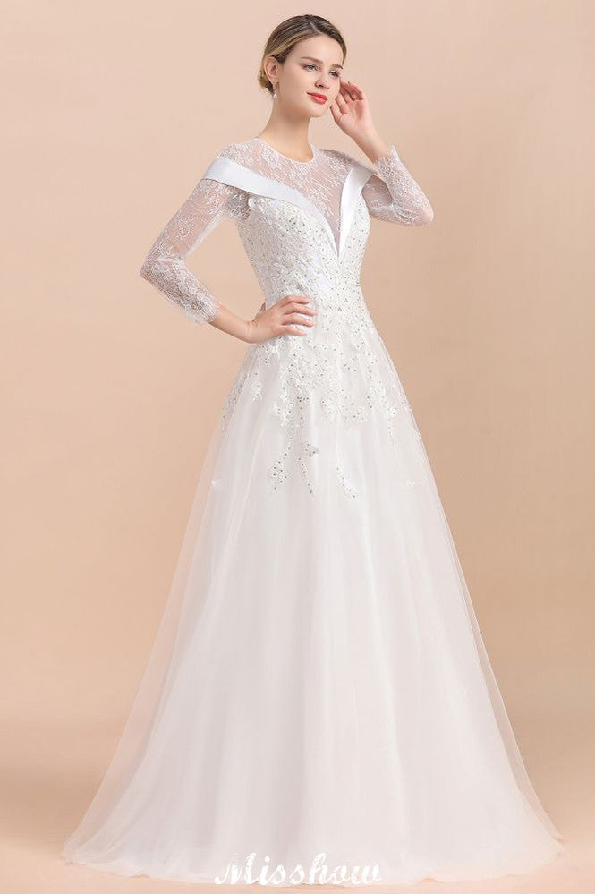 Modest White Beaded Appliques Wedding Dress Long Sleeve Floor Length Ball Gown