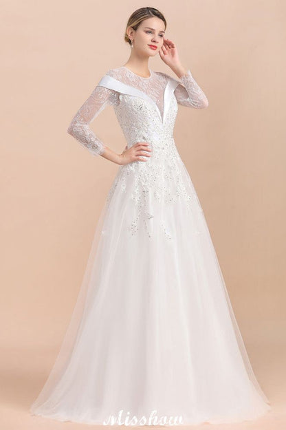 Modest White Beaded Appliques Wedding Dress Long Sleeve Floor Length Ball Gown