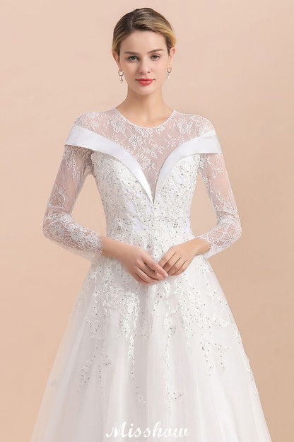 Modest White Beaded Appliques Wedding Dress Long Sleeve Floor Length Ball Gown