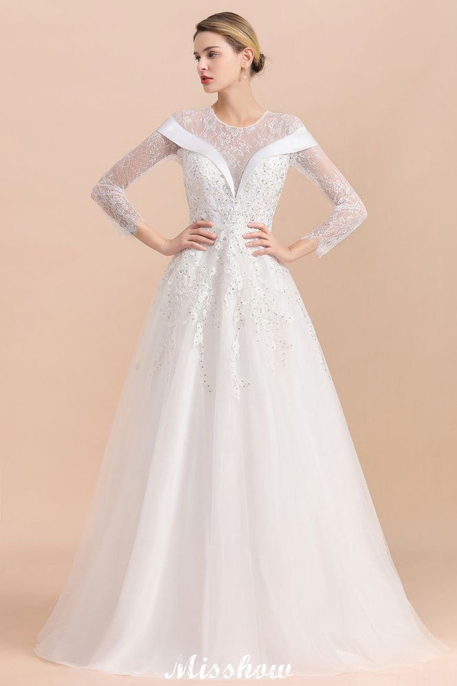 Modest White Beaded Appliques Wedding Dress Long Sleeve Floor Length Ball Gown