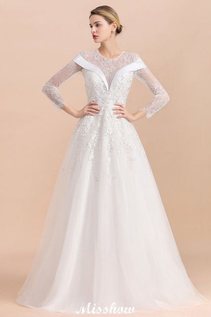 Modest White Beaded Appliques Wedding Dress Long Sleeve Floor Length Ball Gown
