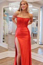 Moonlit | Emerald Satin Off-the-Shoulder Mermaid Long Formal Dress with Slit