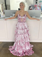 Murray | Sweetheart Spaghetti Straps Tiered A-Line Metallic Prom Dress
