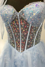 Nalda | Vestido de fiesta azul de tul con lentejuelas y tirantes finos en corte A