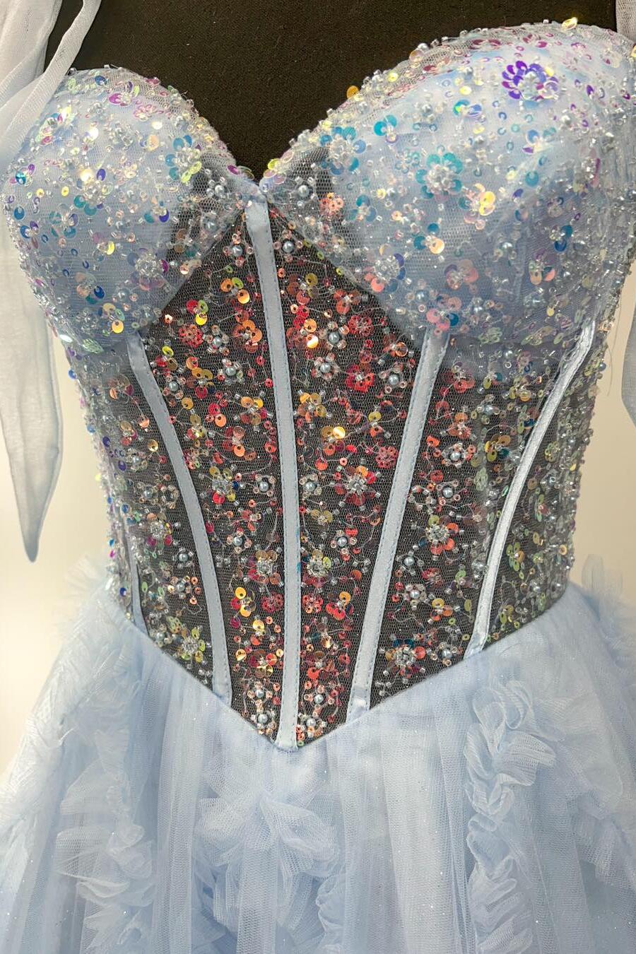 Nalda | Vestido de fiesta azul de tul con lentejuelas y tirantes finos en corte A