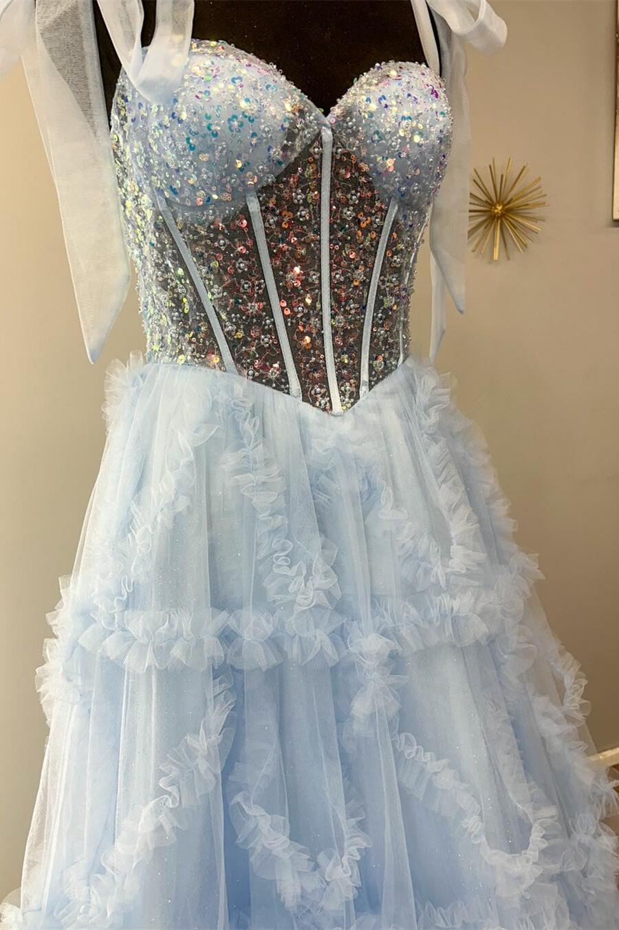 Nalda | Vestido de fiesta azul de tul con lentejuelas y tirantes finos en corte A