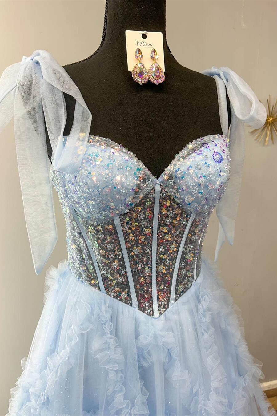 Nalda | Vestido de fiesta azul de tul con lentejuelas y tirantes finos en corte A