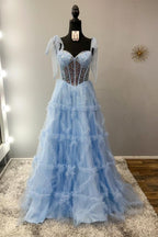 Nalda | Vestido de fiesta azul de tul con lentejuelas y tirantes finos en corte A