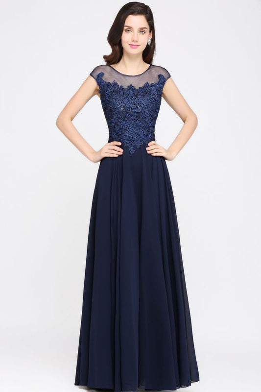 Marineblaues A-Linien-Ballkleid aus Chiffon mit U-Ausschnitt und Applikationen