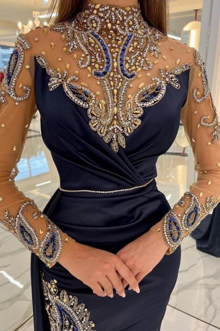 Vestidos de noche largos azul marino con purpurina y mangas