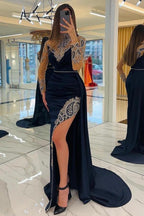 Vestidos de noche largos azul marino con purpurina y mangas