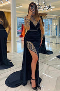 Vestidos de noche largos azul marino con purpurina y mangas