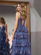 Vestido de fiesta de princesa azul grisáceo con hombros descubiertos, corte A y corsé con volantes de encaje