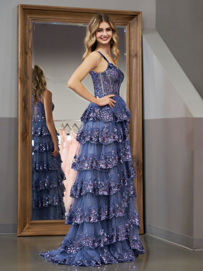 Graublaues Prinzessinnen-A-Linien-Ballkleid mit schulterfreiem Korsett und Spitzenrüschen