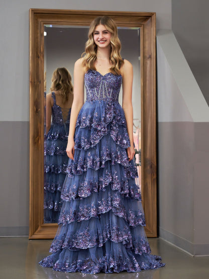 Graublaues Prinzessinnen-A-Linien-Ballkleid mit schulterfreiem Korsett und Spitzenrüschen