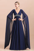 Vestido azul marino de gasa con mangas largas y volantes para madre de la novia online