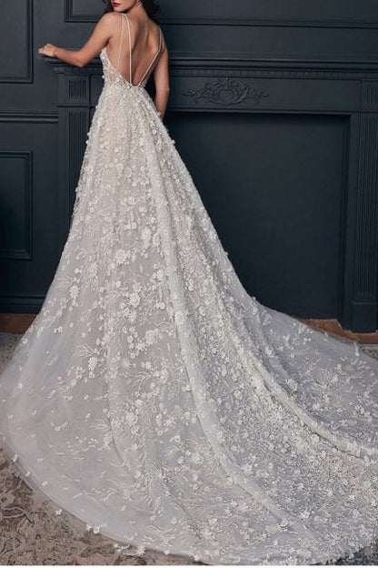 Nectarean V-Neck Sleeveless A-Line Floor-Length Lace Wedding Dresses with Chapel Train