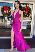 Nerute | Vestido de fiesta de sirena con abertura alta en satén y apliques de encaje fucsia
