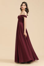Vestido largo de dama de honor burdeos con escote en forma de A y hombros descubiertos, recién llegado