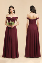 Vestido largo de dama de honor burdeos con escote en forma de A y hombros descubiertos, recién llegado