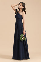 Vestido de dama de honor largo, corte A, negro, de un solo hombro, recién llegado