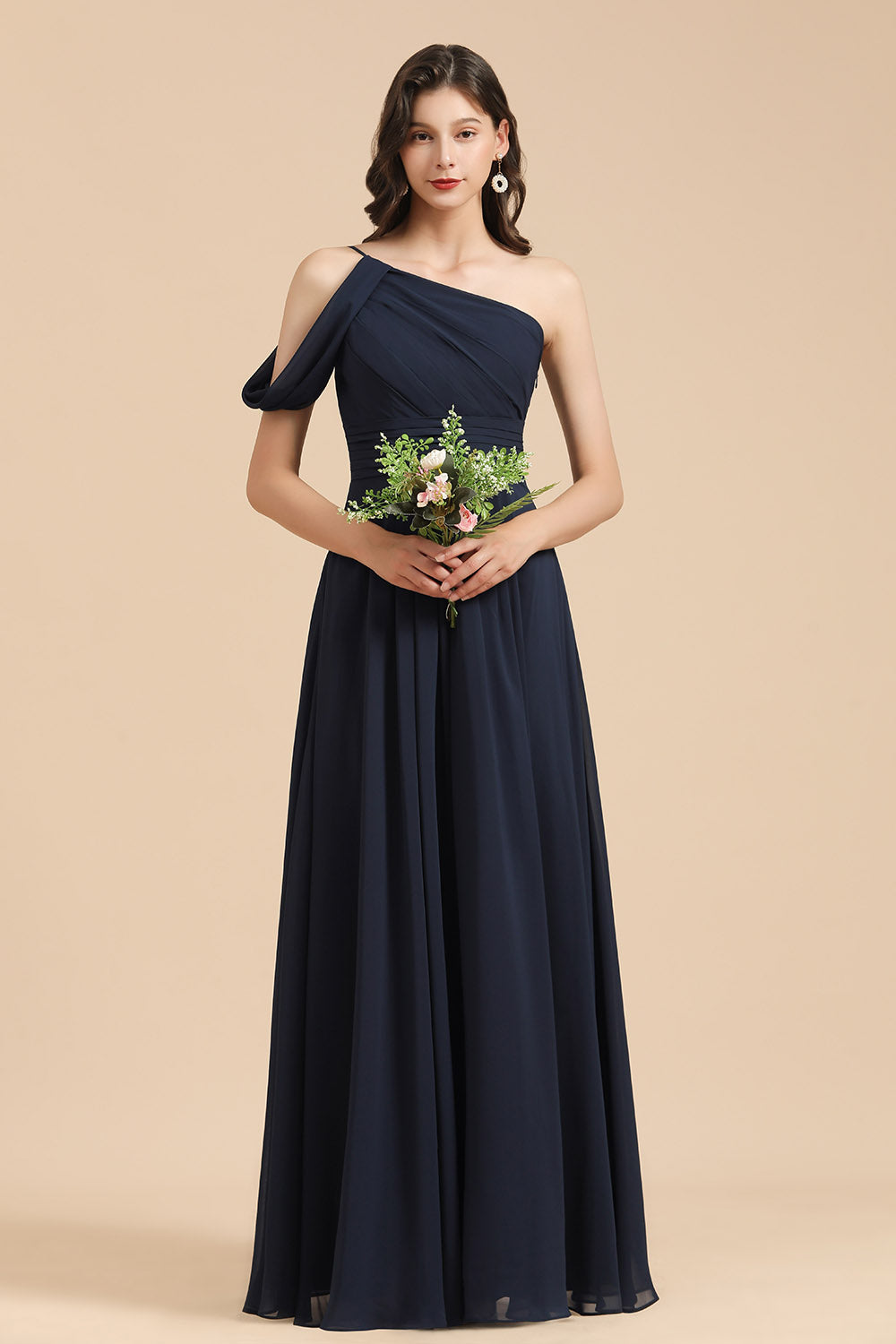 Vestido de dama de honor largo, corte A, negro, de un solo hombro, recién llegado