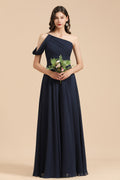 Vestido de dama de honor largo, corte A, negro, de un solo hombro, recién llegado