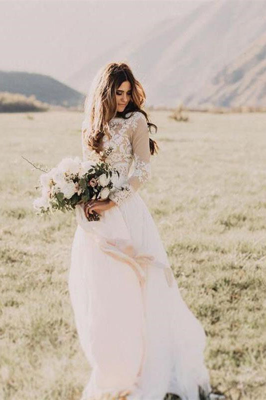 Vestido de novia de tul con mangas largas y apliques, recién llegado