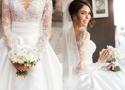 New Full Lace Split Wedding Dress Illusion Back Bridal Wears with Detachable Skirt