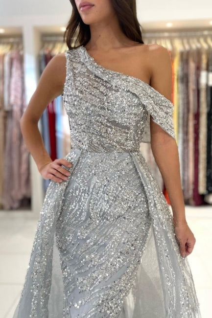 Noble oneshoulder sleeveless mermaid lace prom dress sequied